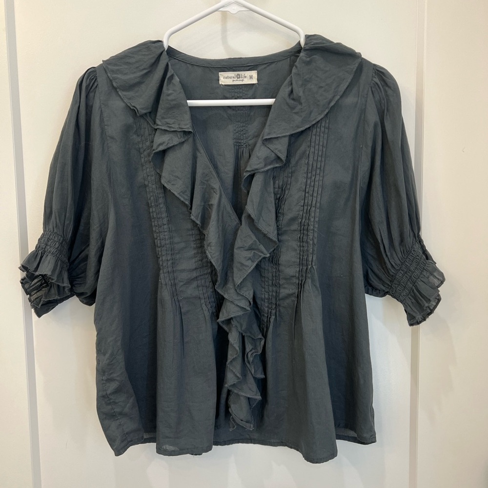NATURAL LIFE Charcoal Ruffled V-Neck Blouse